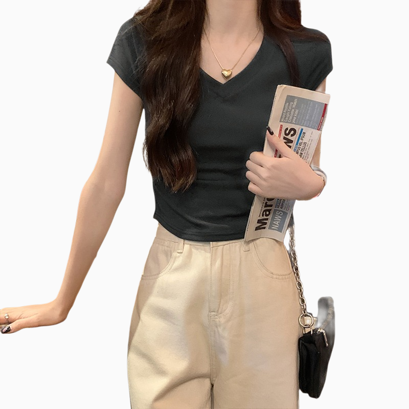 レディース半袖アイスシルクカラーボーンシックプリーツ半袖Tシャツトップス