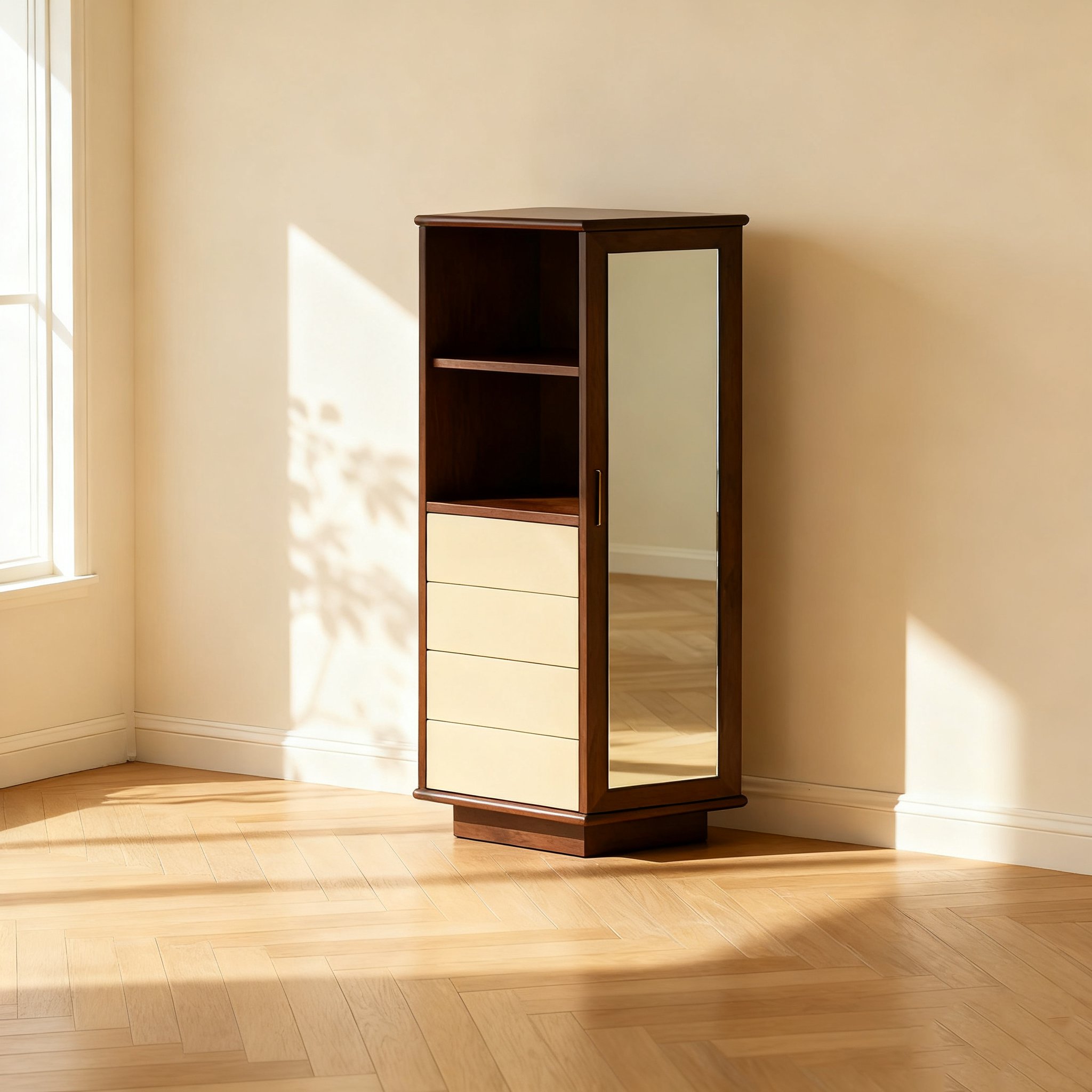 거울이 달린 원목 수납 코너 캐비닛