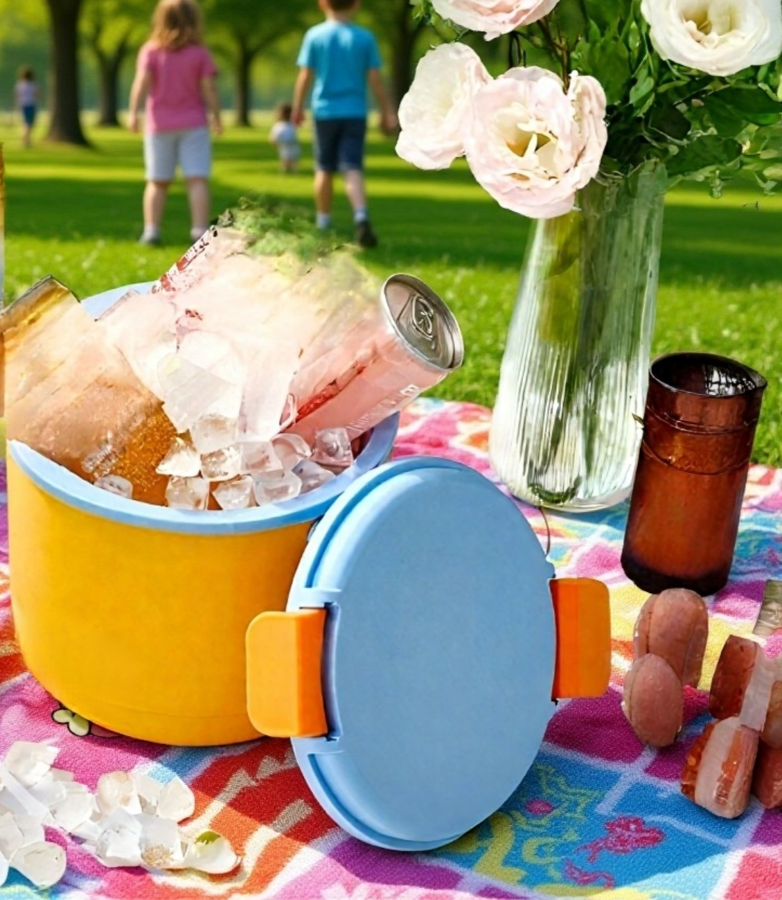 Mujer usando cubo de hielo portátil para refrescar bebidas