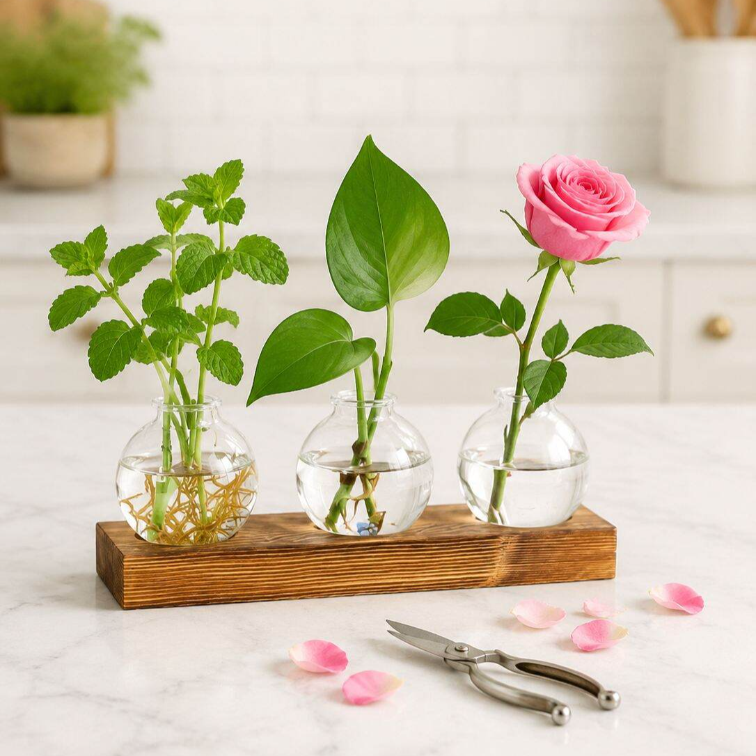 Vase à trois ampoules en verre avec support en bois