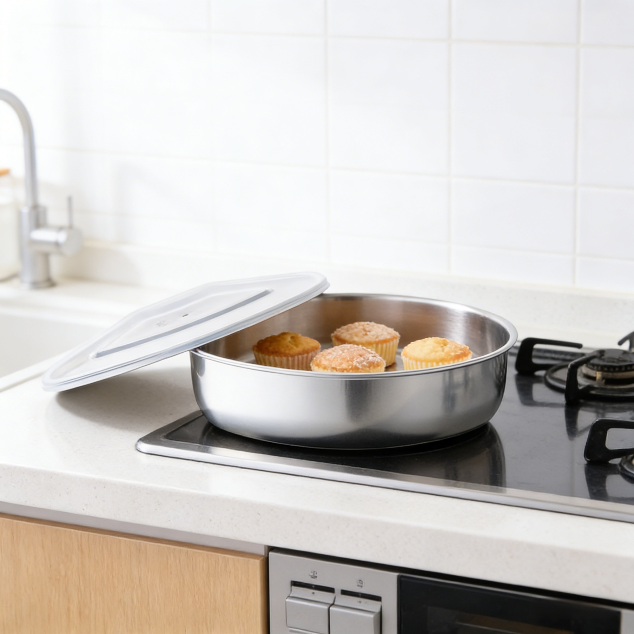 Fan-shaped steaming tray in kitchen setting