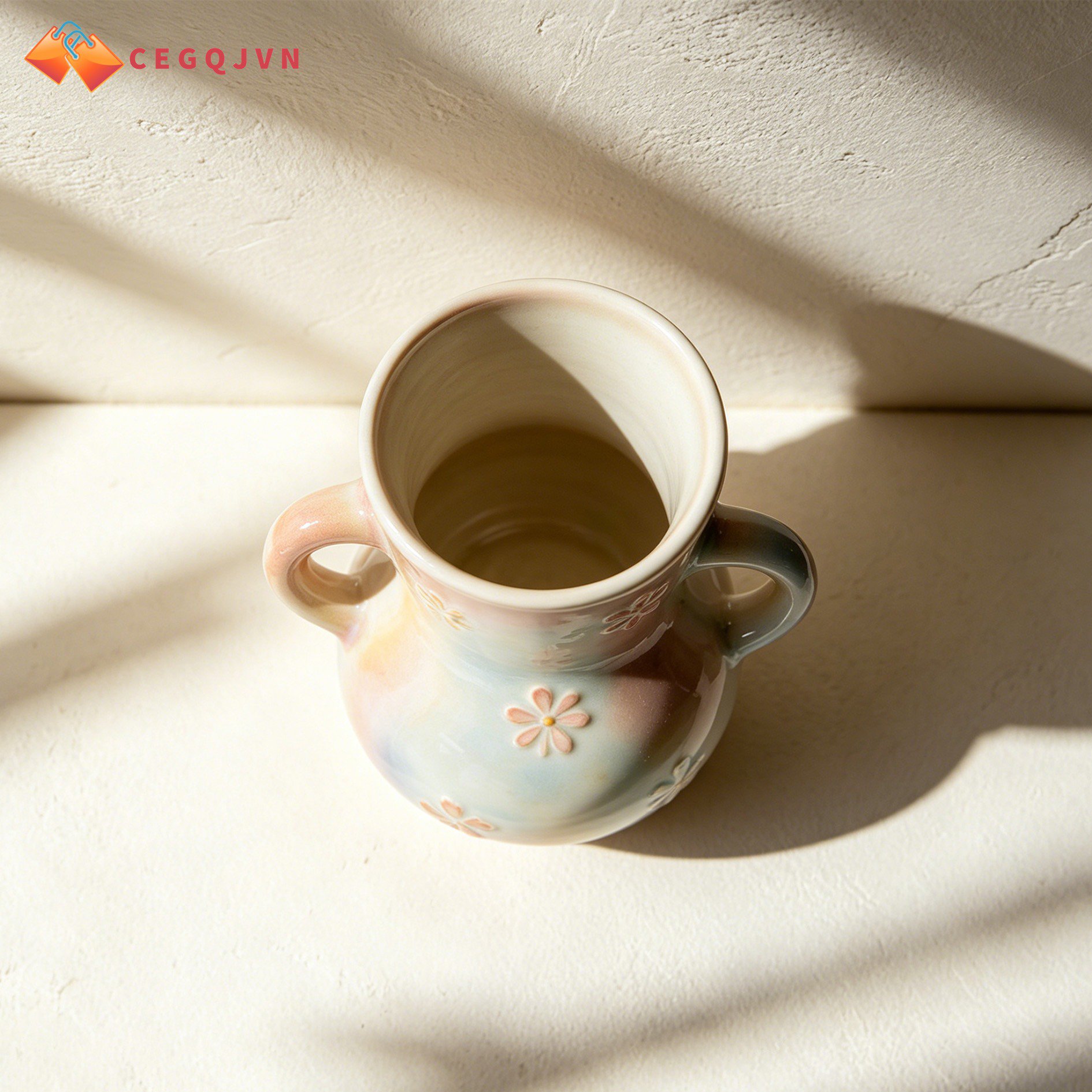 Handcrafted ceramic double-eared vase close-up