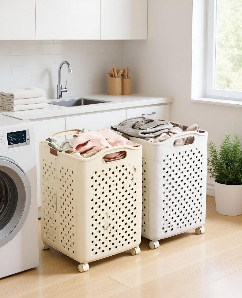 コンパクトに折りたためるランドリーバスケット