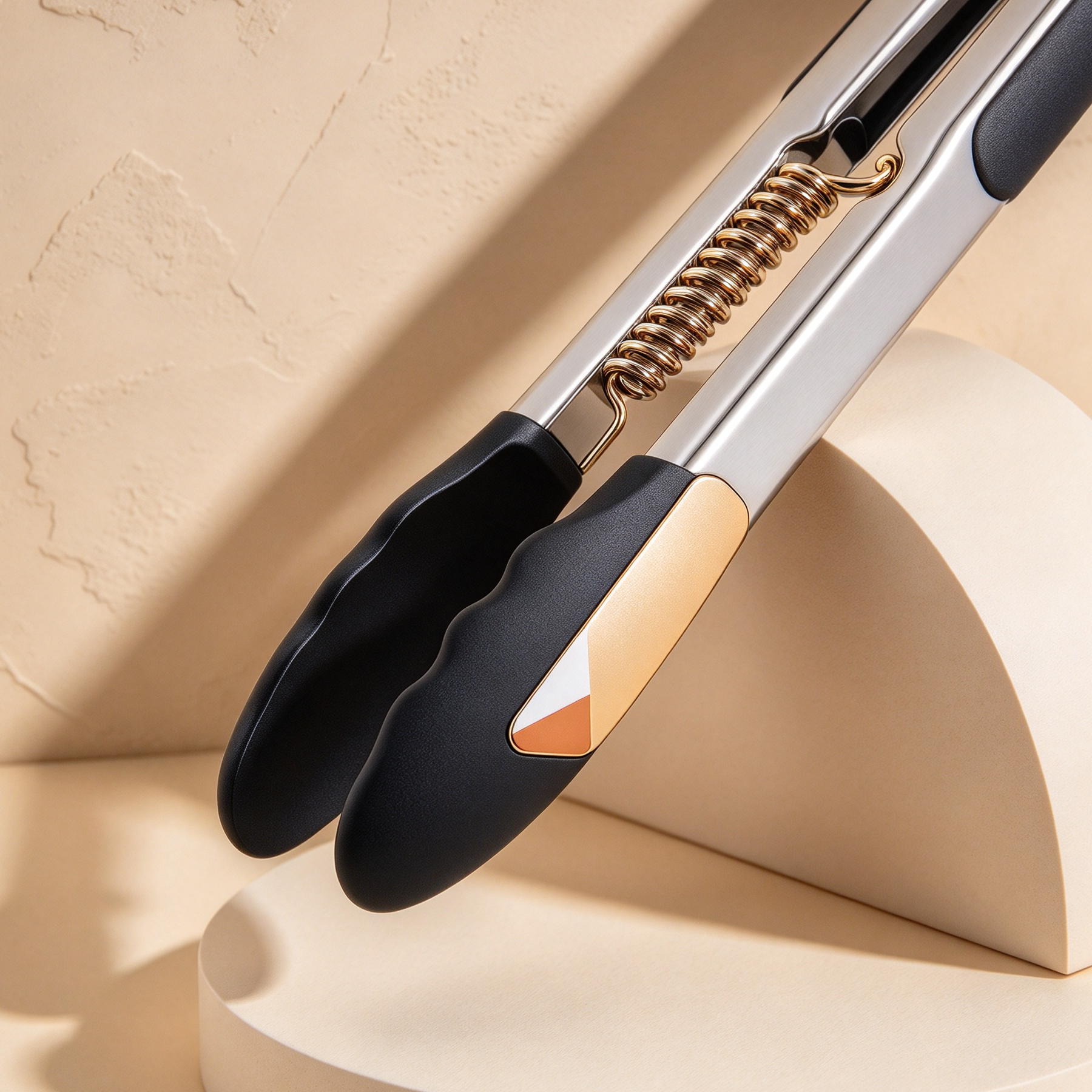 Stainless steel kitchen tongs arranged to show the six-piece set