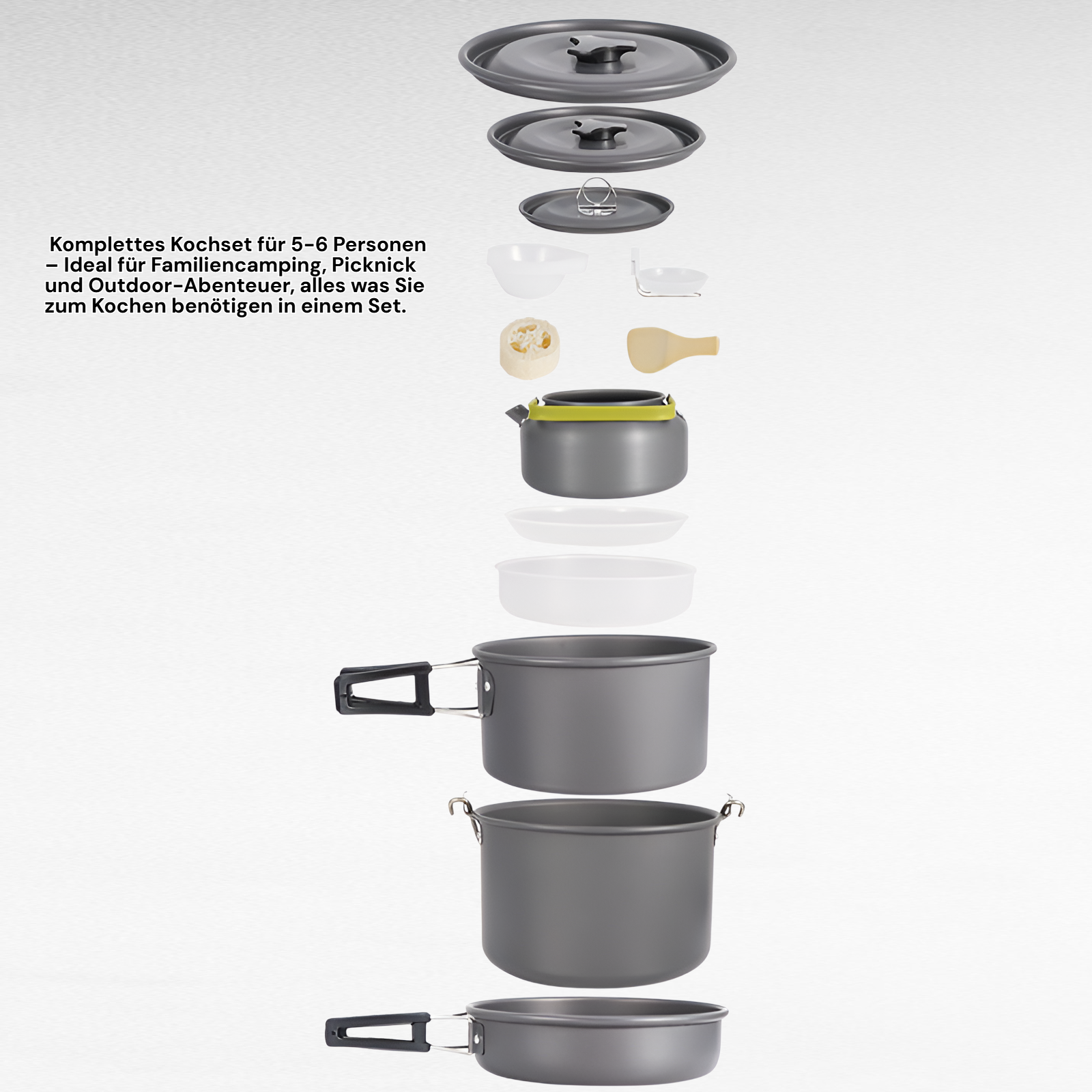 Picknick-Kochset für Familie, 5-6 Personen, Antihaft-Kessel und Topfset