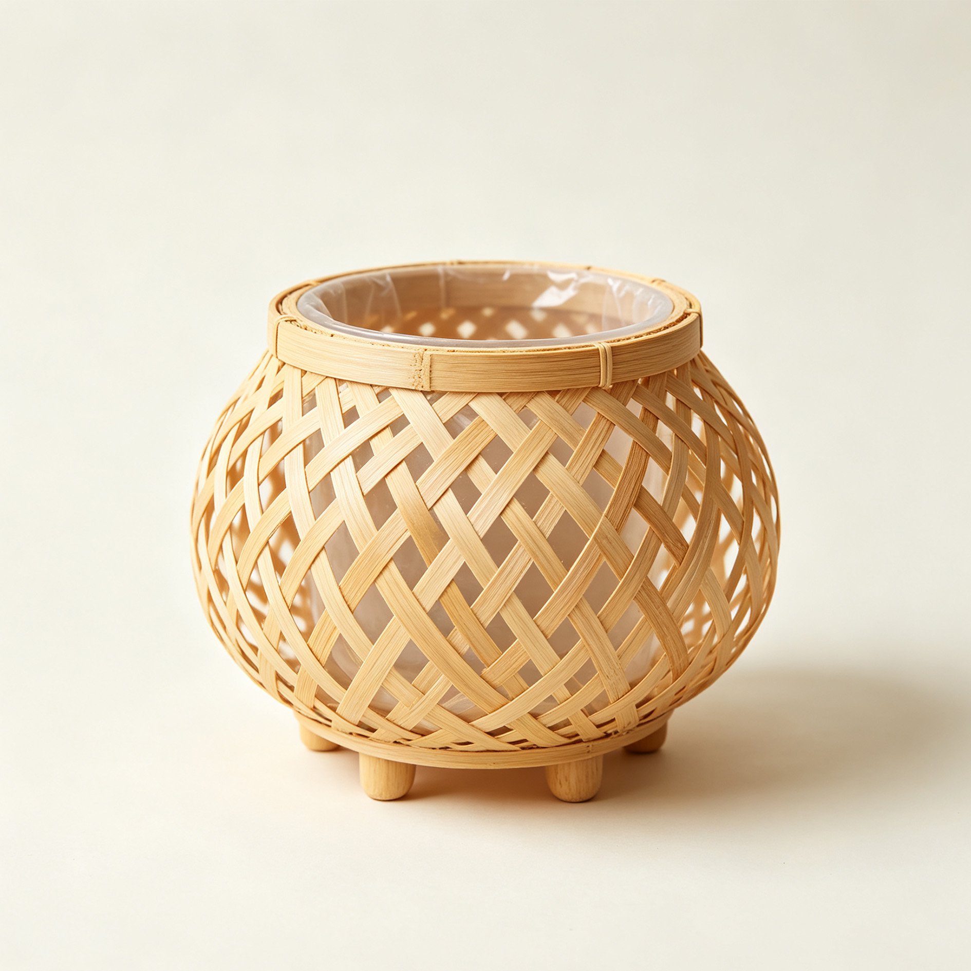 丸くて低い竹製の編み込み植木鉢