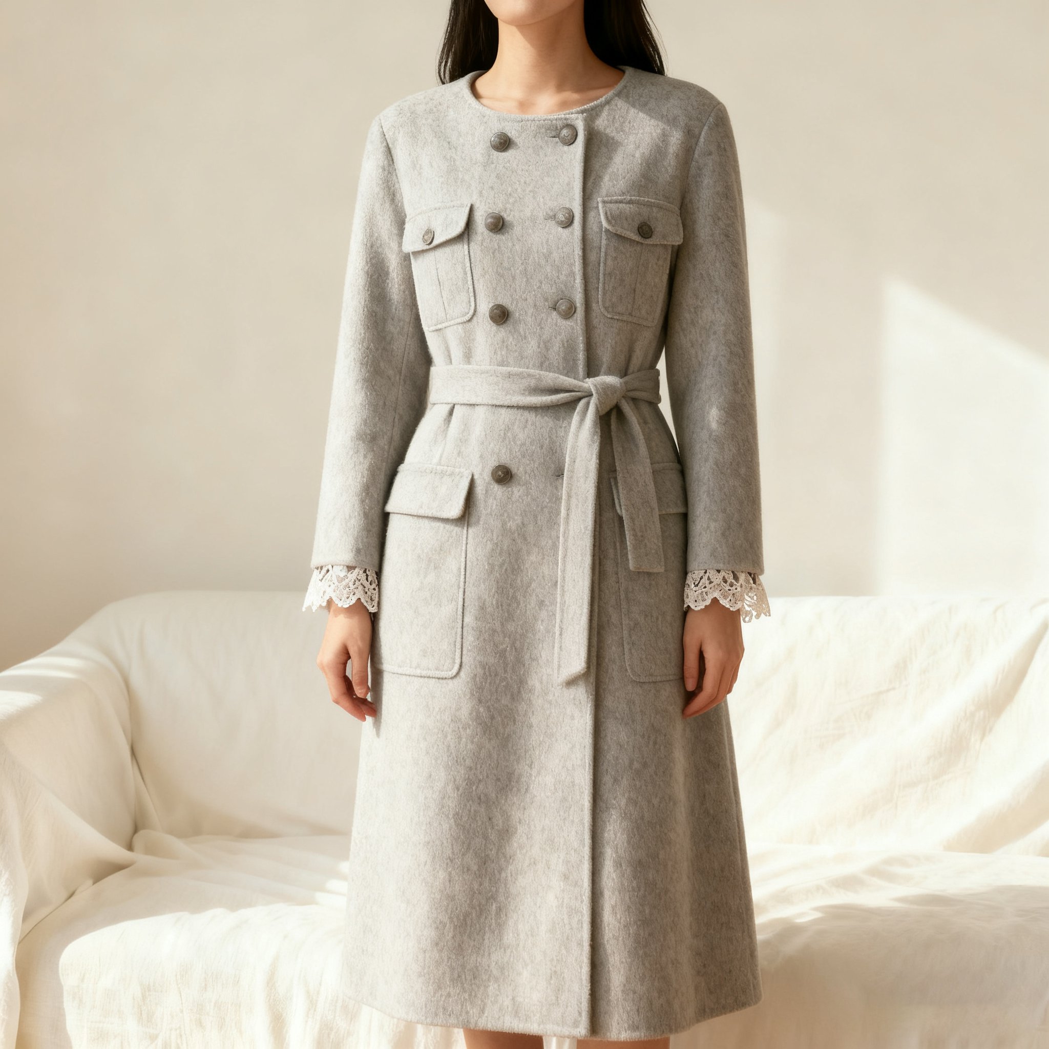 レース袖のウエストベルトコート