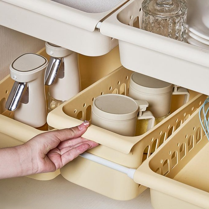 南洋風デザイン多サイズ伸縮ロッド付きメッシュ収納バスケット