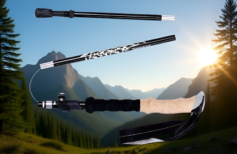 Para kijków trekkingowych na tle górskiej scenerii