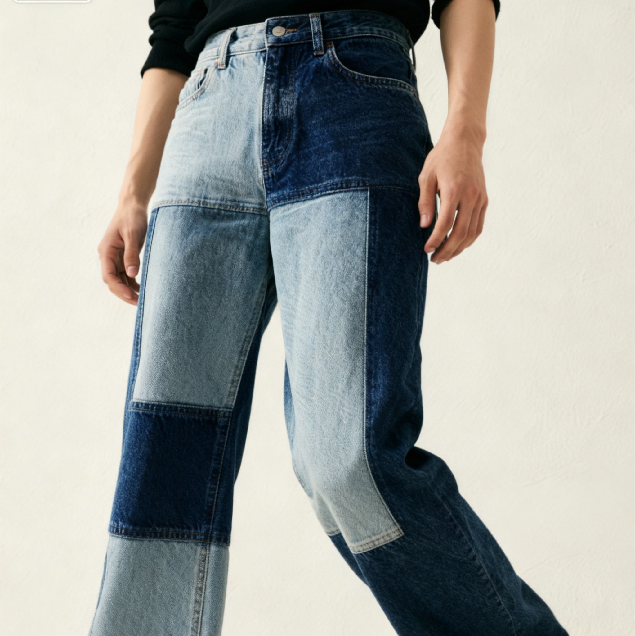 빈티지 컬러블록 와이드 데님 팬츠 전체 이미지