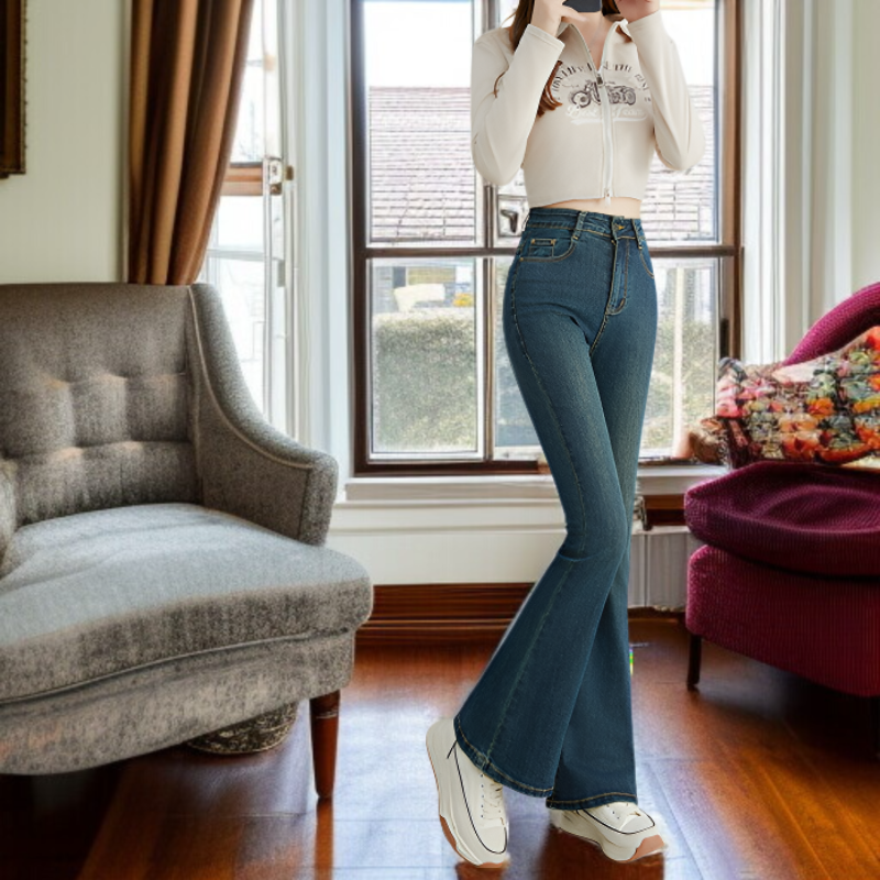 小さめハイウエストワイドジーンズ女性春春スリム細めマイクロフレアワイドパンツ