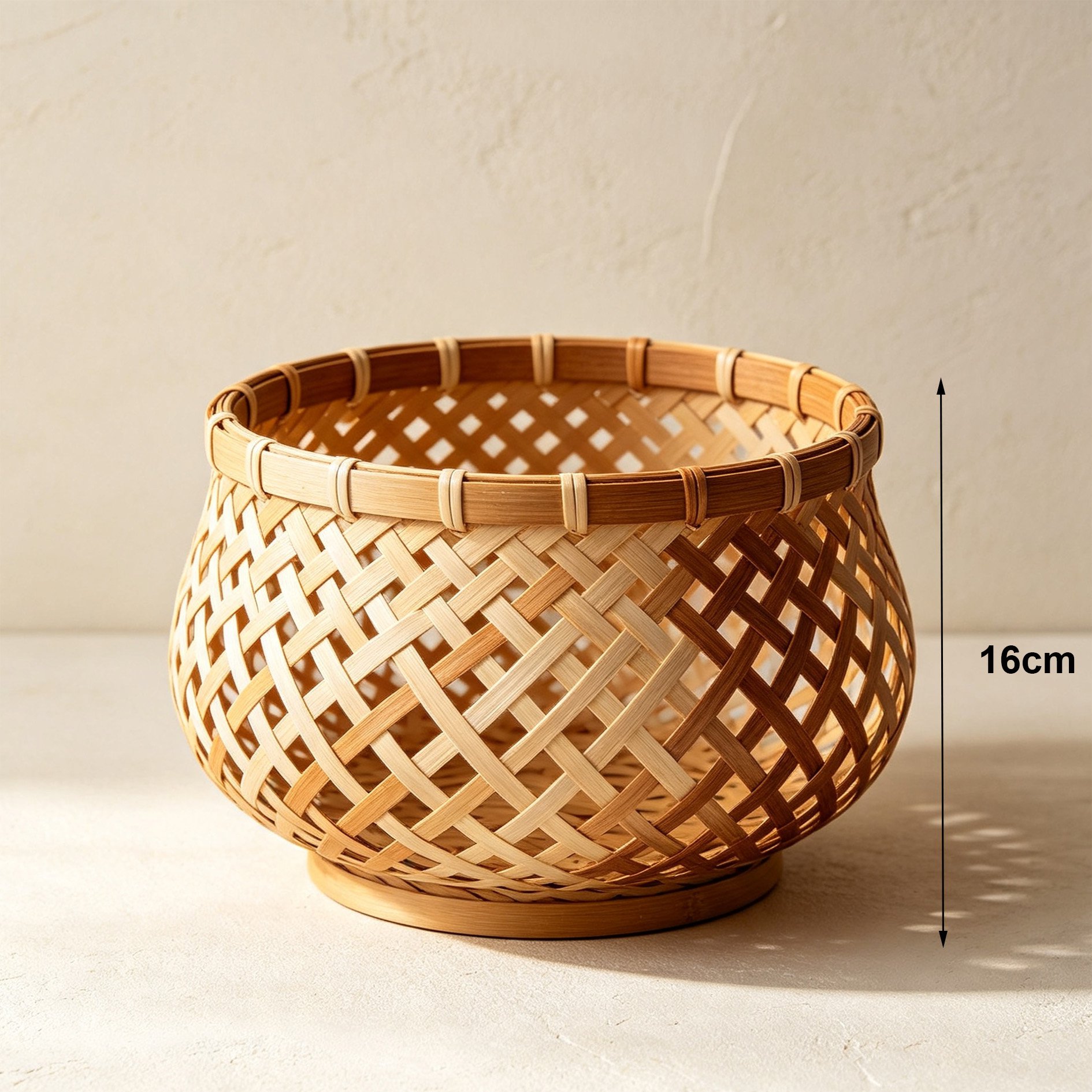 Set of three bamboo woven storage baskets in various sizes