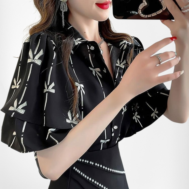 เสื้อผู้หญิงแขนสั้นลายดอกไม้ สไตล์หวาน สีฟ้า ดีไซน์ระบาย เหมาะสำหรับหน้าร้อน