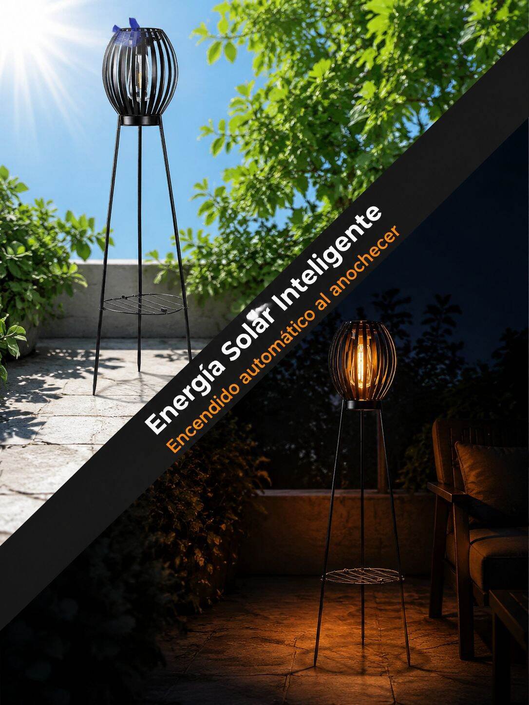 Lámpara solar ecológica para exteriores en jardín moderno