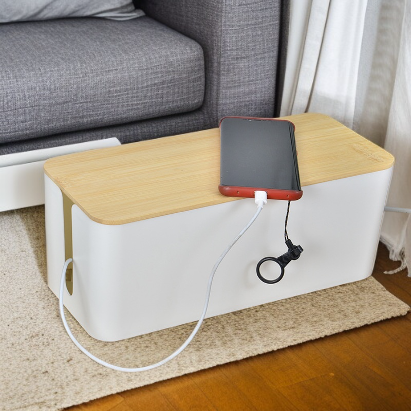 กล่องจัดระเบียบสายไฟฝาไม้ไผ่ สำหรับวางบนโต๊ะ