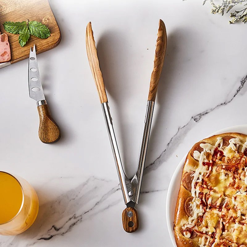 Pinzas de alimentos de madera de acero inoxidable