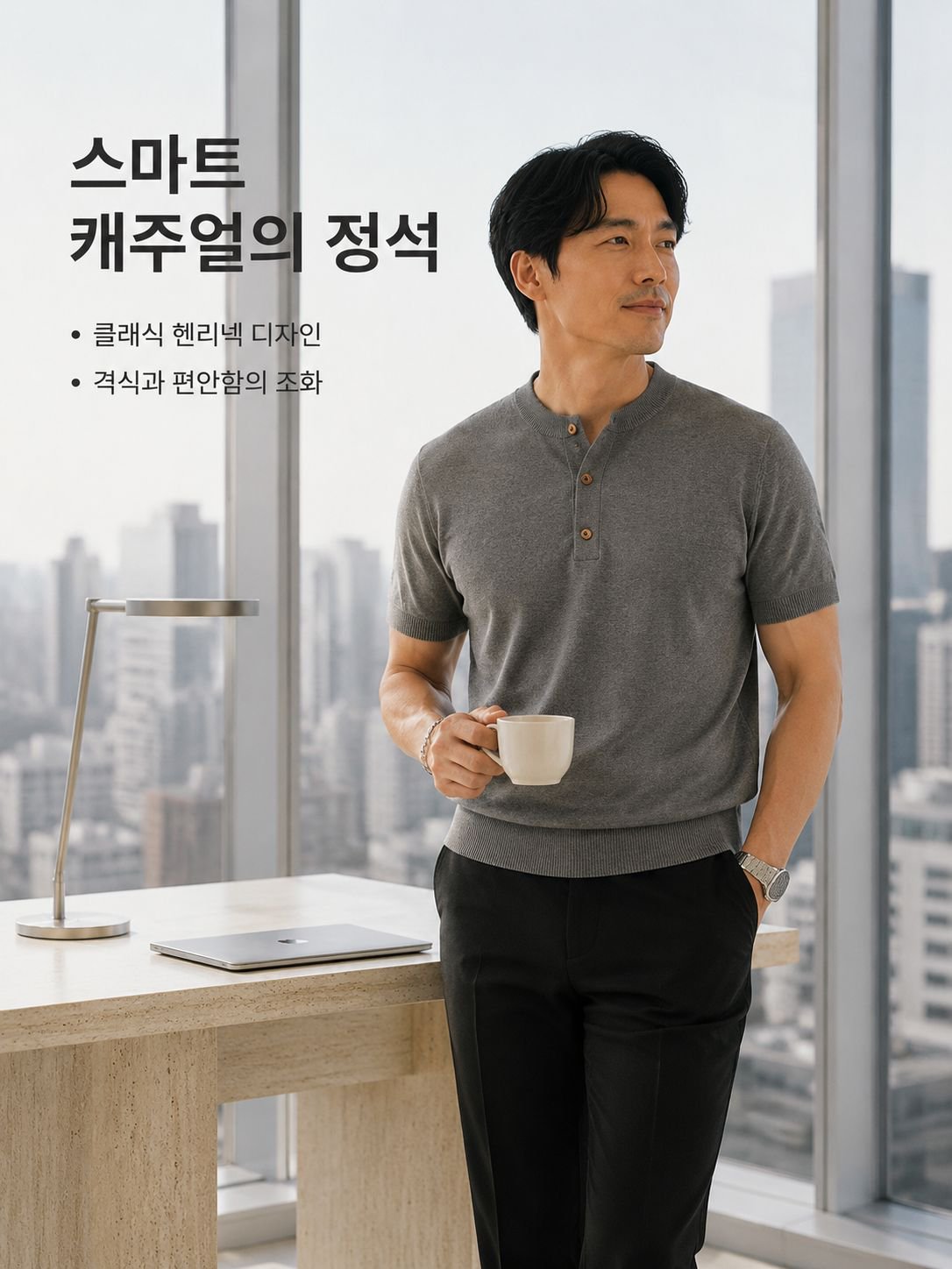 여름 필수 남성 헨리넥 반팔 티셔츠 착용샷