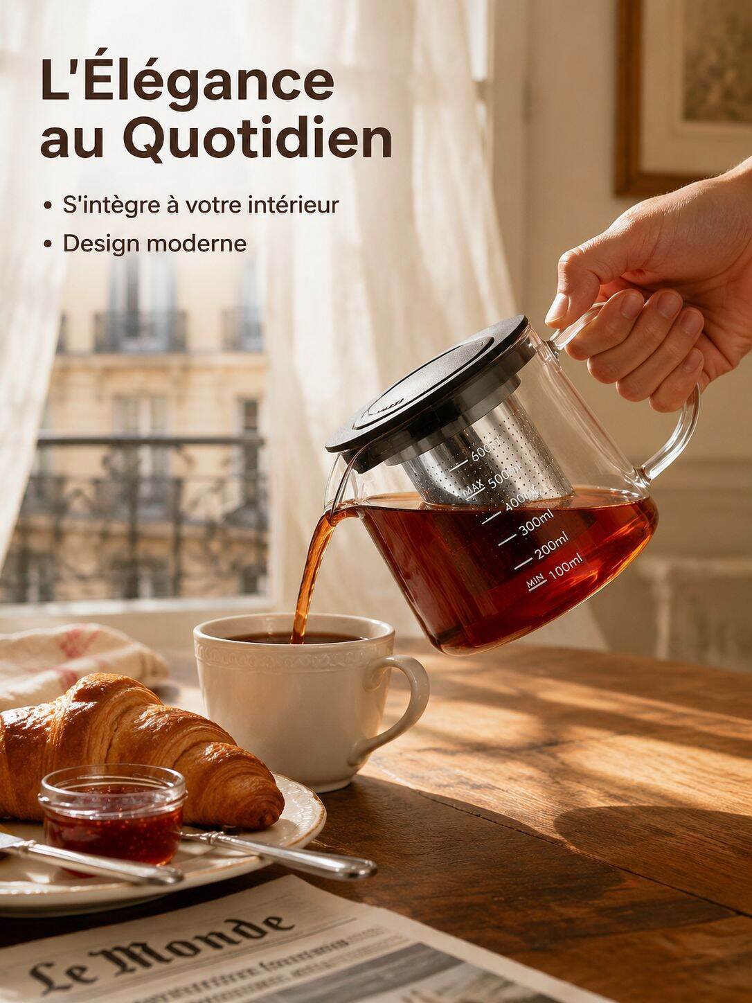 Grande cafetière en verre borosilicaté avec filtre en acier inoxydable