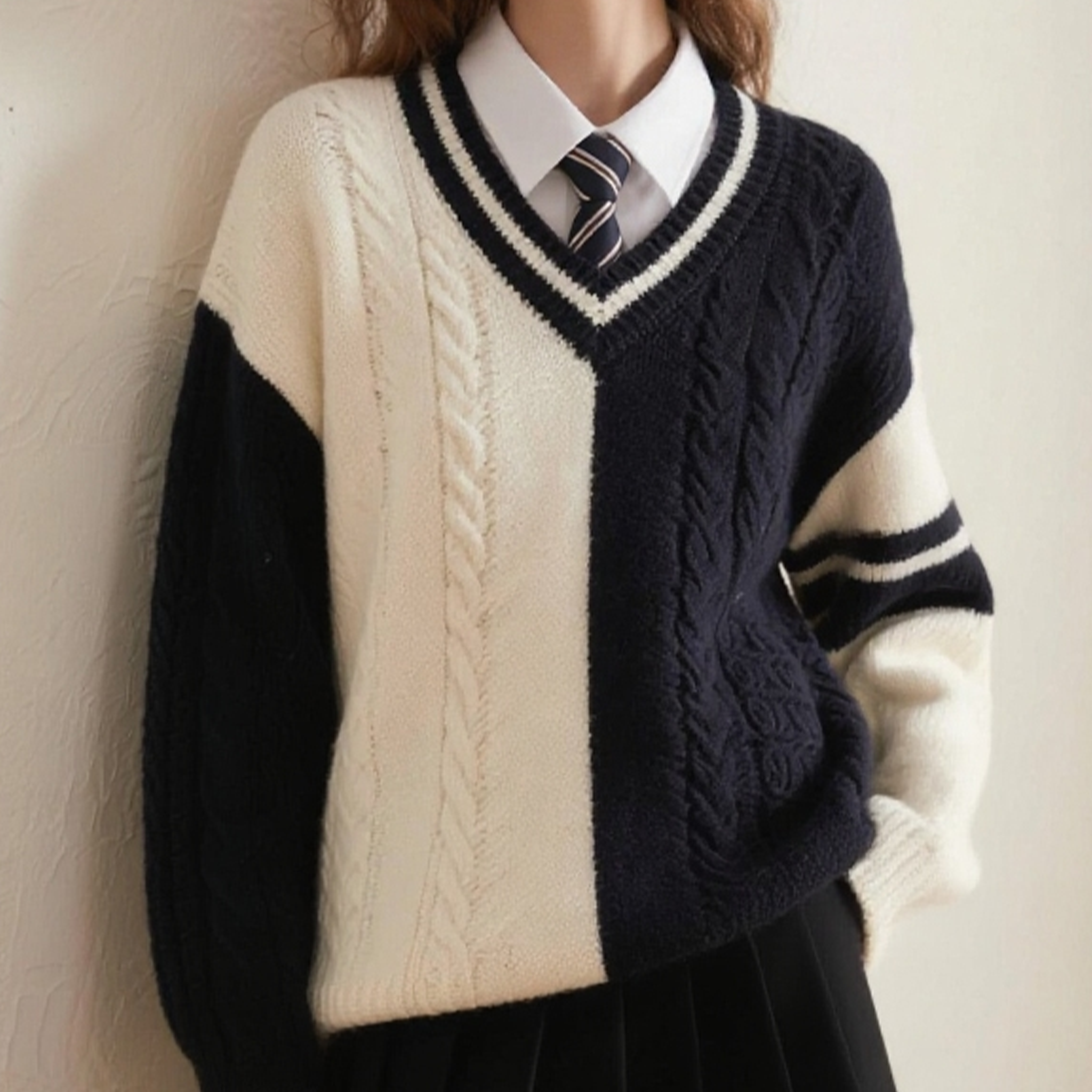 컬러블록 브이넥 니트 정면 이미지