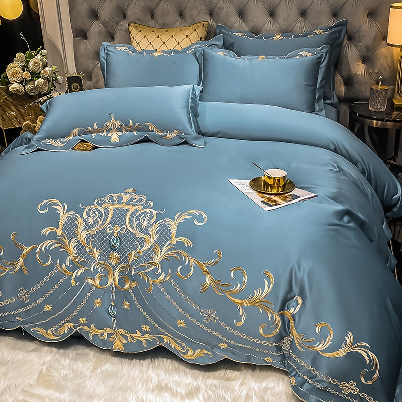 럭셔리 골드 새틴 자수 리넨 침구 세트