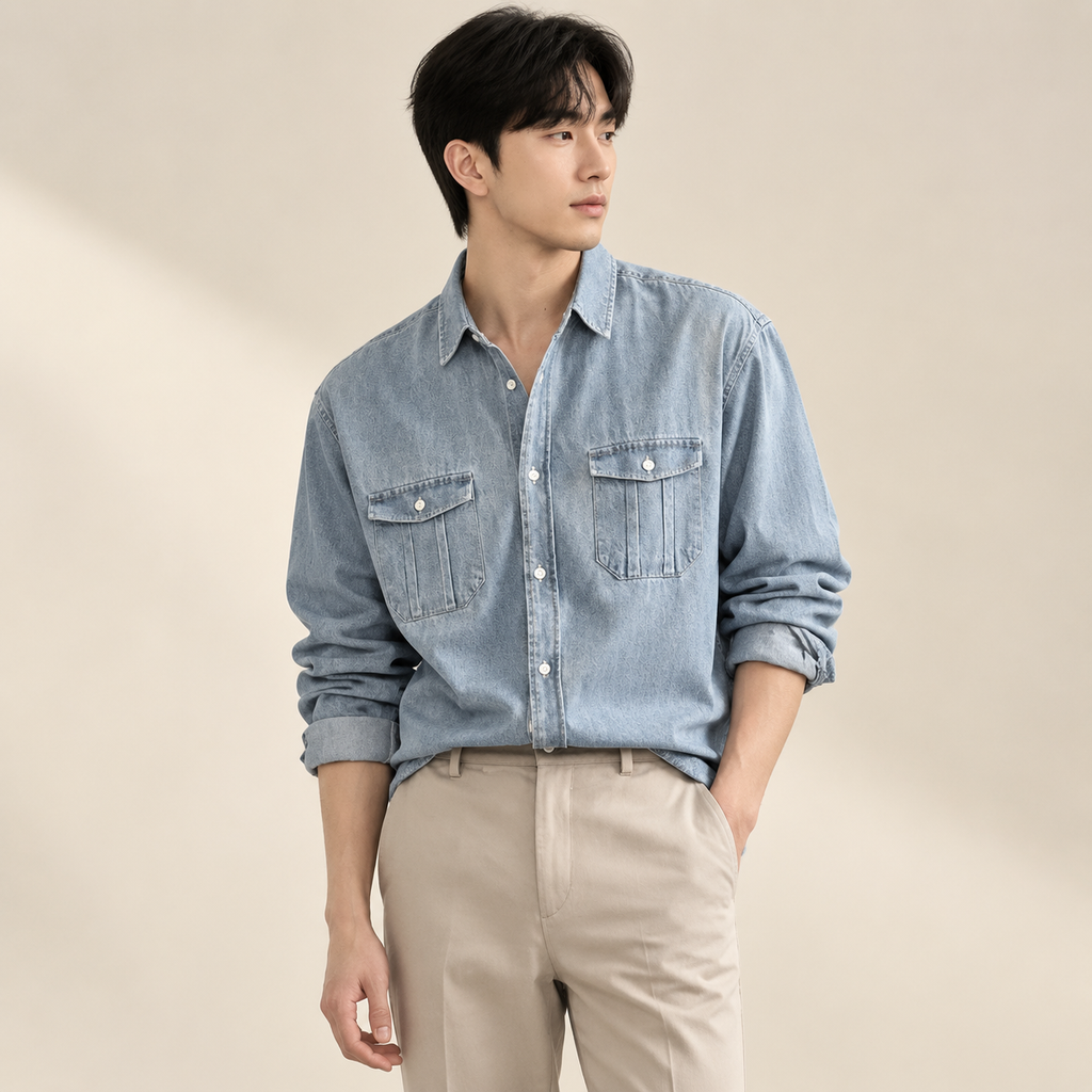 봄가을 시즌 루즈핏 남성 워싱 빈티지 데님 셔츠
