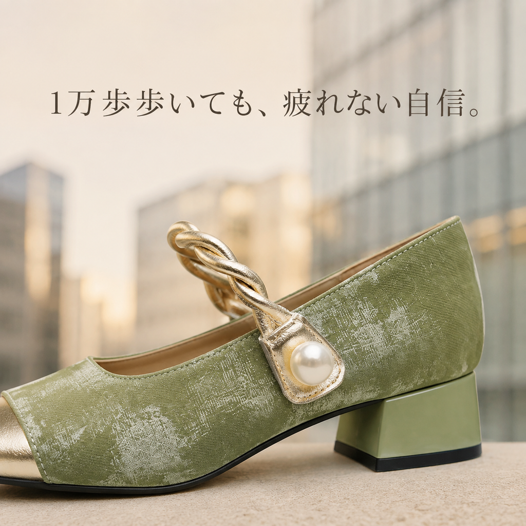 レディースシャネル風太ヒールマリ―ジェーンパンプス
