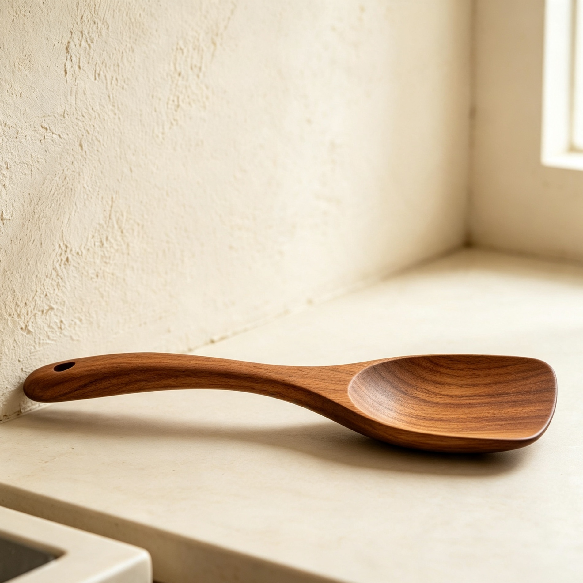 Close-up of premium walnut wood spatula handle