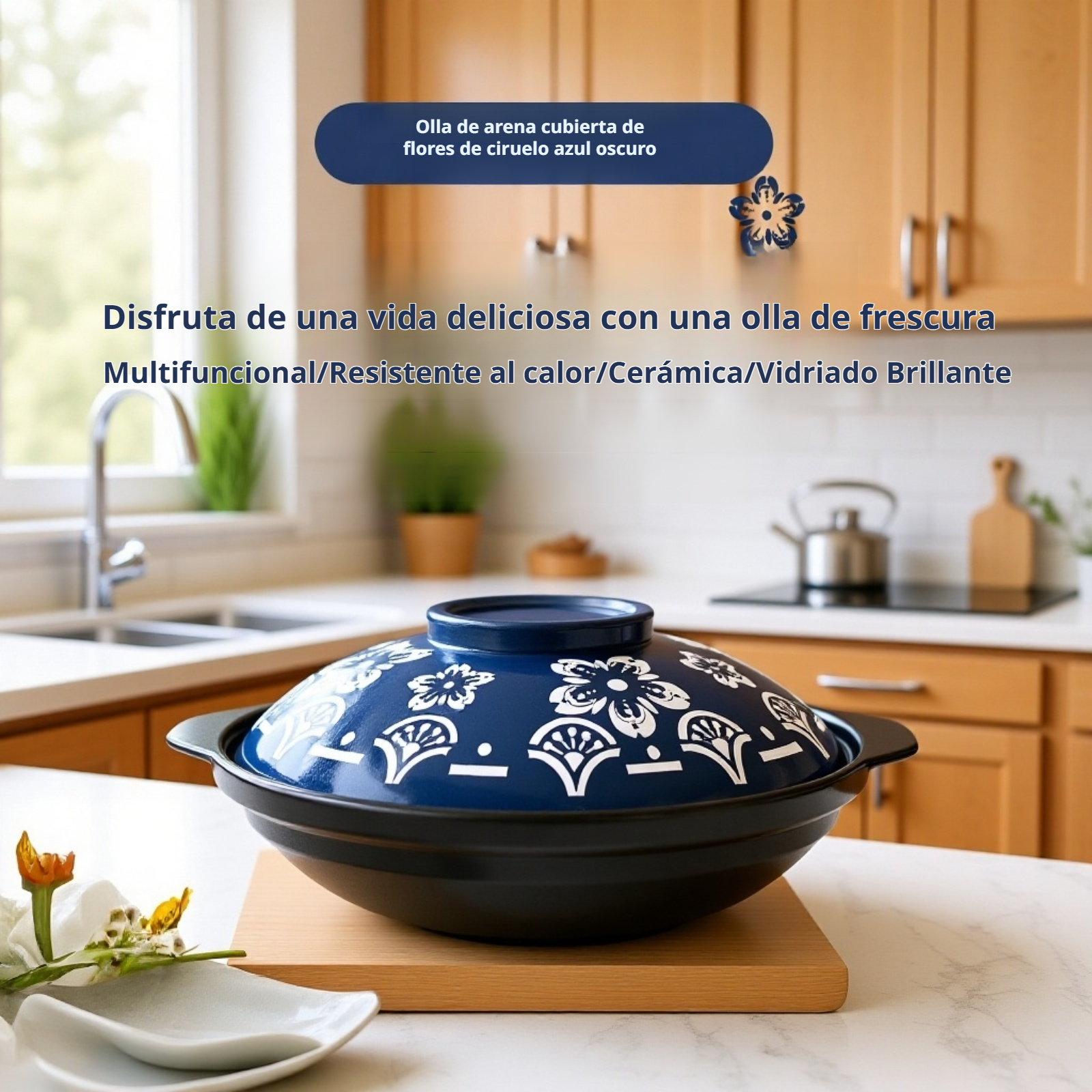 Cazuela de cerámica No. 8/No. 9, diseño de flor de ciruelo, uso en fuego abierto