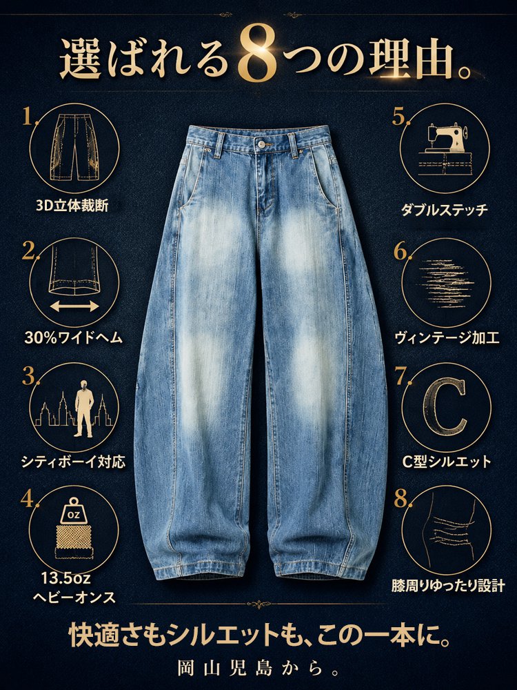 【男女兼用】ヴィンテージカーブワイドデニムパンツ