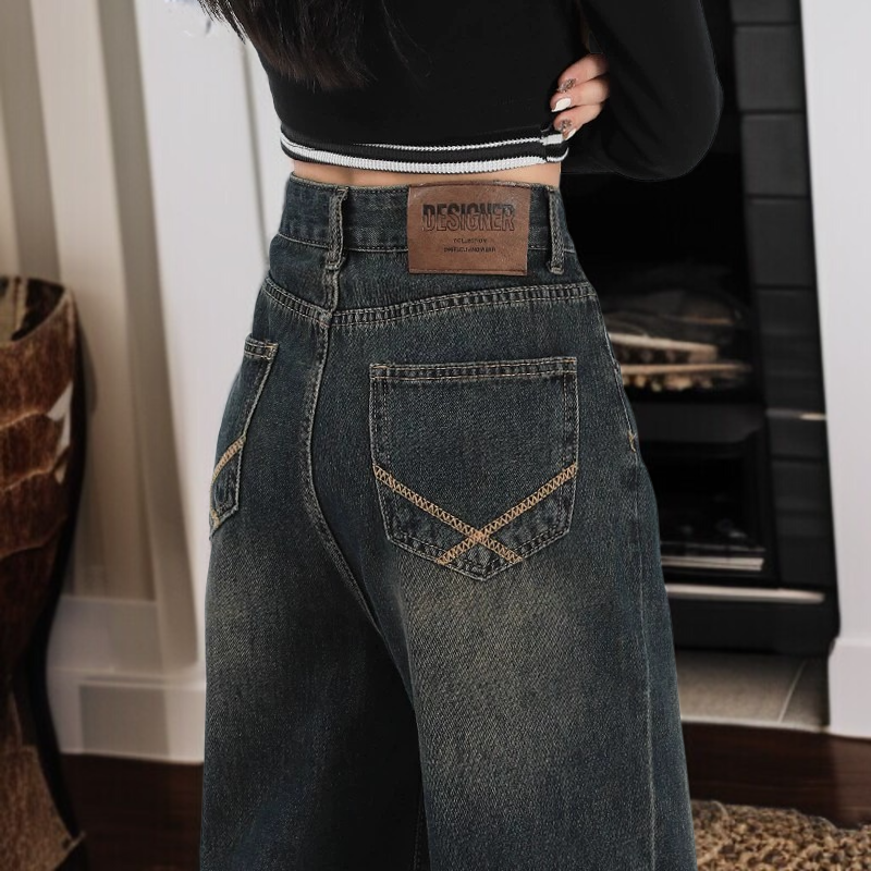 키 작은 여자 청바지 여하이웨스트 슬림핏 통 청바지 시멘트 스트레이트 진