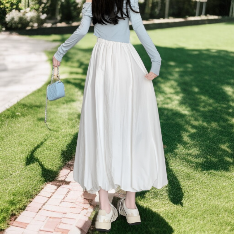春夏秋新作レディースワーク風バルーンロングスカート、パラシュート素材、ポケット・ゴムウエスト付き、体型カバー、M～2XL