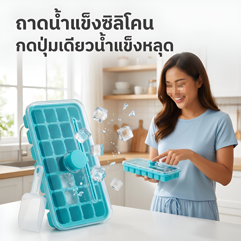 ถาดทำน้ำแข็งซิลิโคนสำหรับตู้เย็น วัสดุเกรดอาหาร กดถอดน้ำแข็งได้