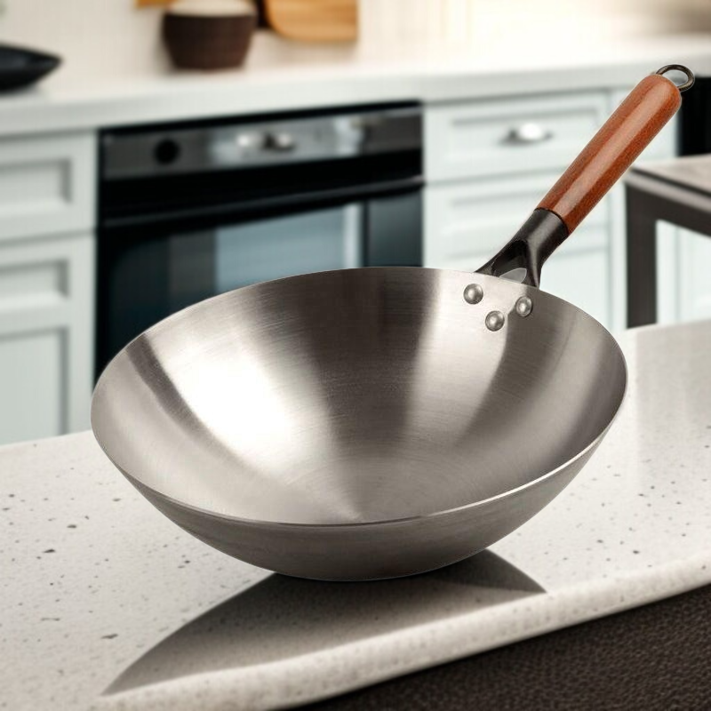 Sartén de hierro artesanal de Zhangqiu sin recubrimiento, apta para estufa de gas, antiadherente