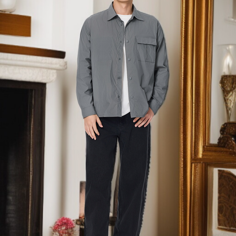 男士寬鬆長袖翻領薄外套正面展示