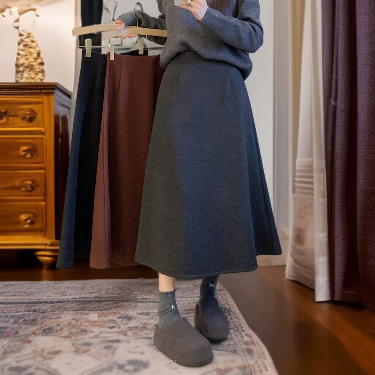 겨울 블랙 드롭 레귤러 미디 스커트 컬러 기모 미디 스커트