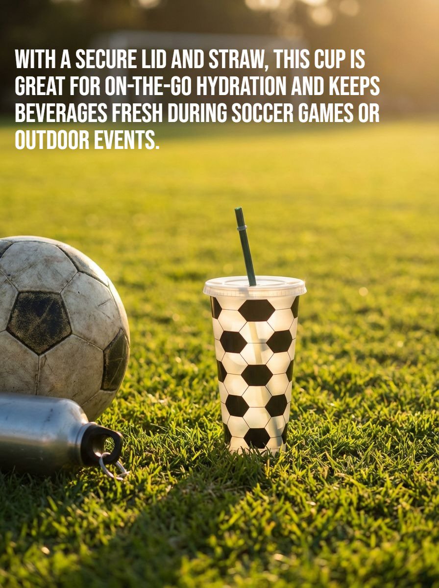 Soccer-print plastic cup with straw front view