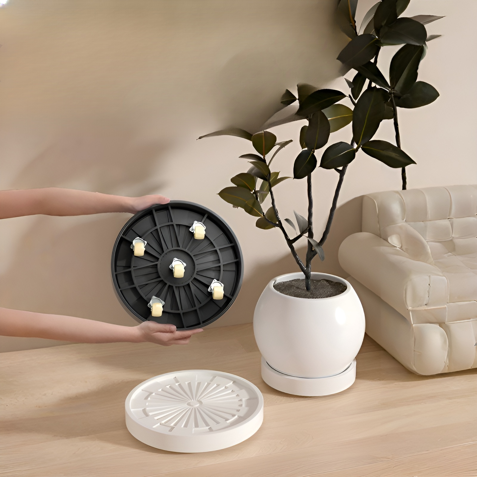 Bandeja redonda para macetas con ruedas giratorias