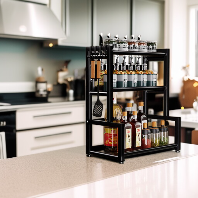  多機能キッチン収納ラック ステンレス製 調味料収納用 ブラック