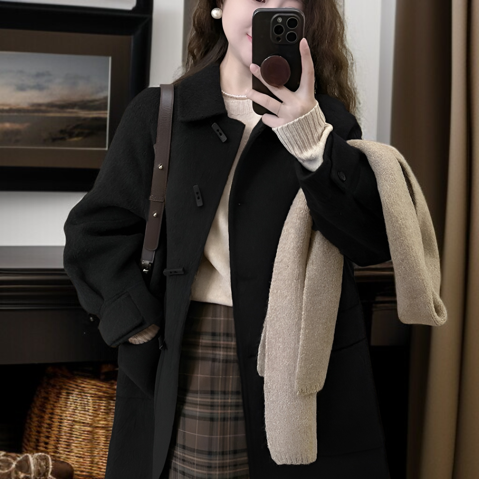 小柄女性向け加厚カフェ色ダッフルコート ヘップバーン風 2025年秋冬新作 裏起毛ウールジャケット