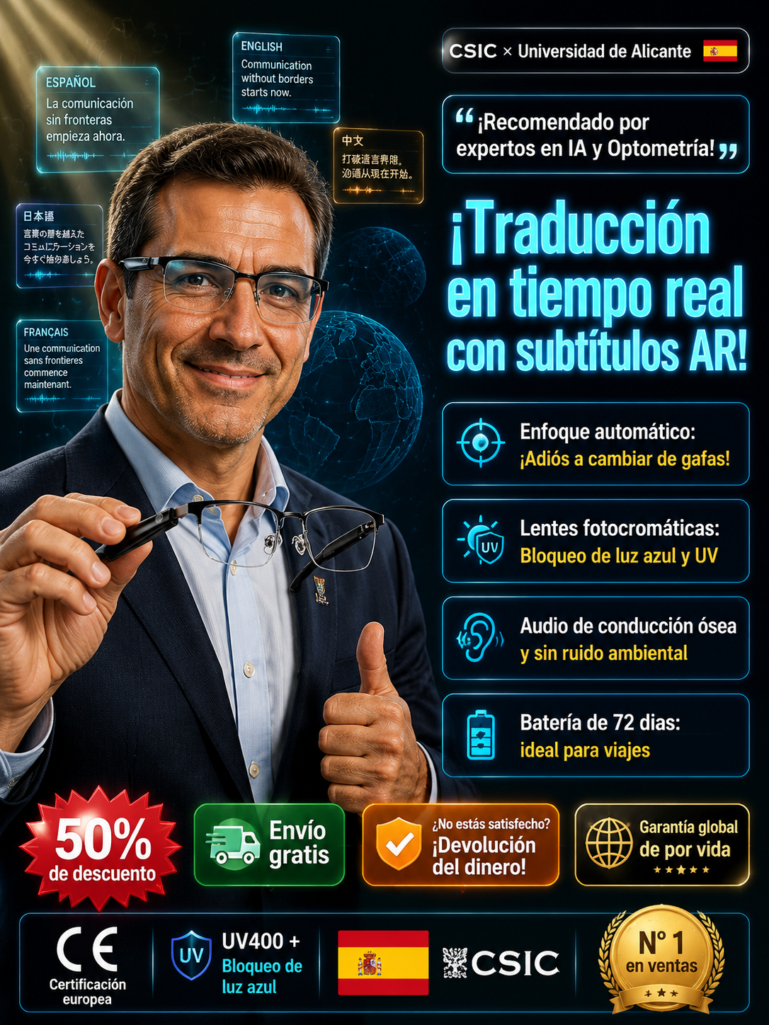 【Gafas AR multifuncionales】traducción sin retraso- Zoom + tinte inteligentes- Grabación de reuniones