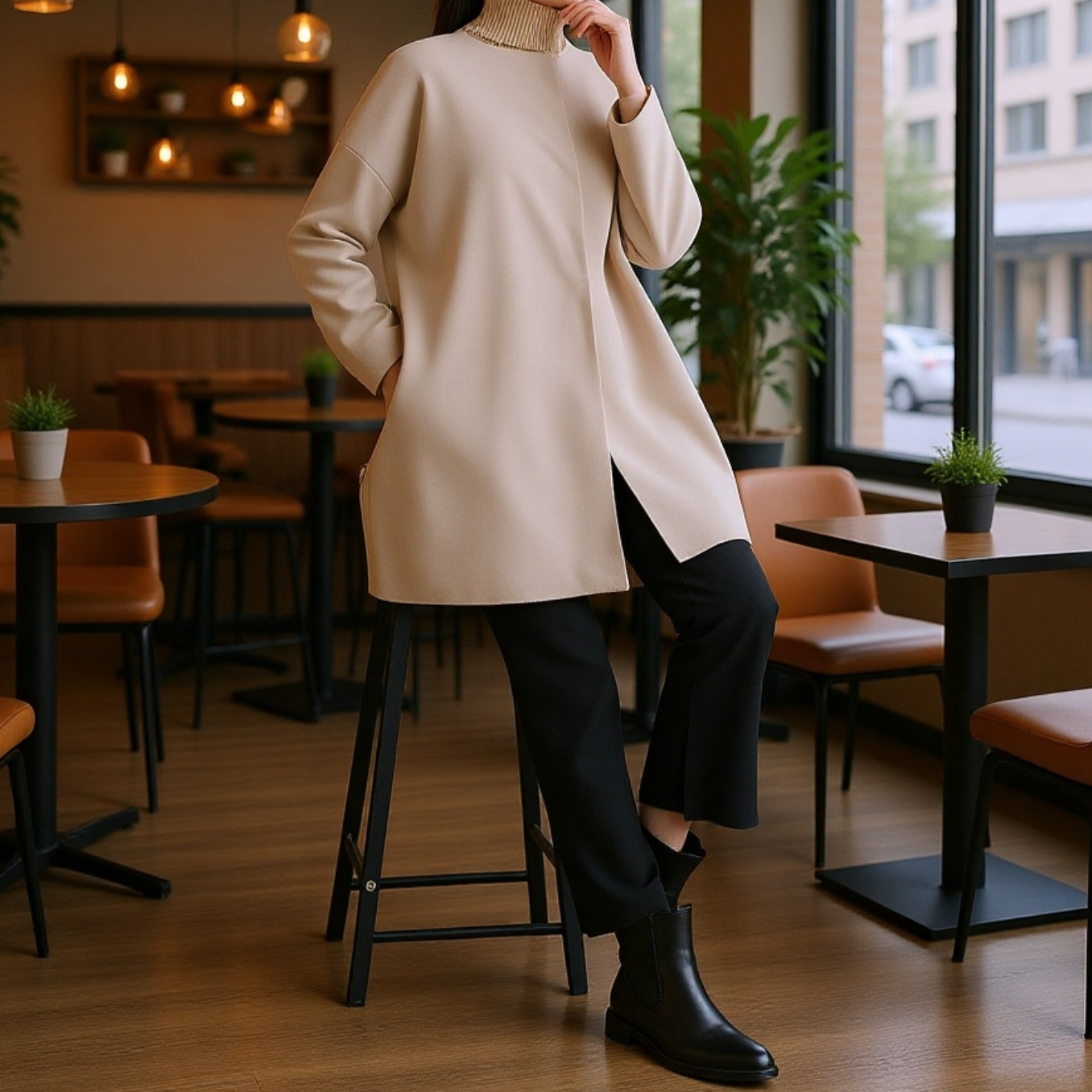 프리미엄 여성 가을 겨울 솔리드 코트 루즈핏 일자 상의 모직 코트 무드 코트