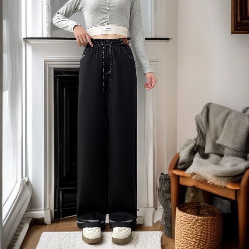 하이웨스트 와이드 팬츠 밴딩 일자 팬츠 빅 사이즈 여성 바지 기모 캐주얼 바지 청바지 여 하이웨스트 스판 빅 팬츠