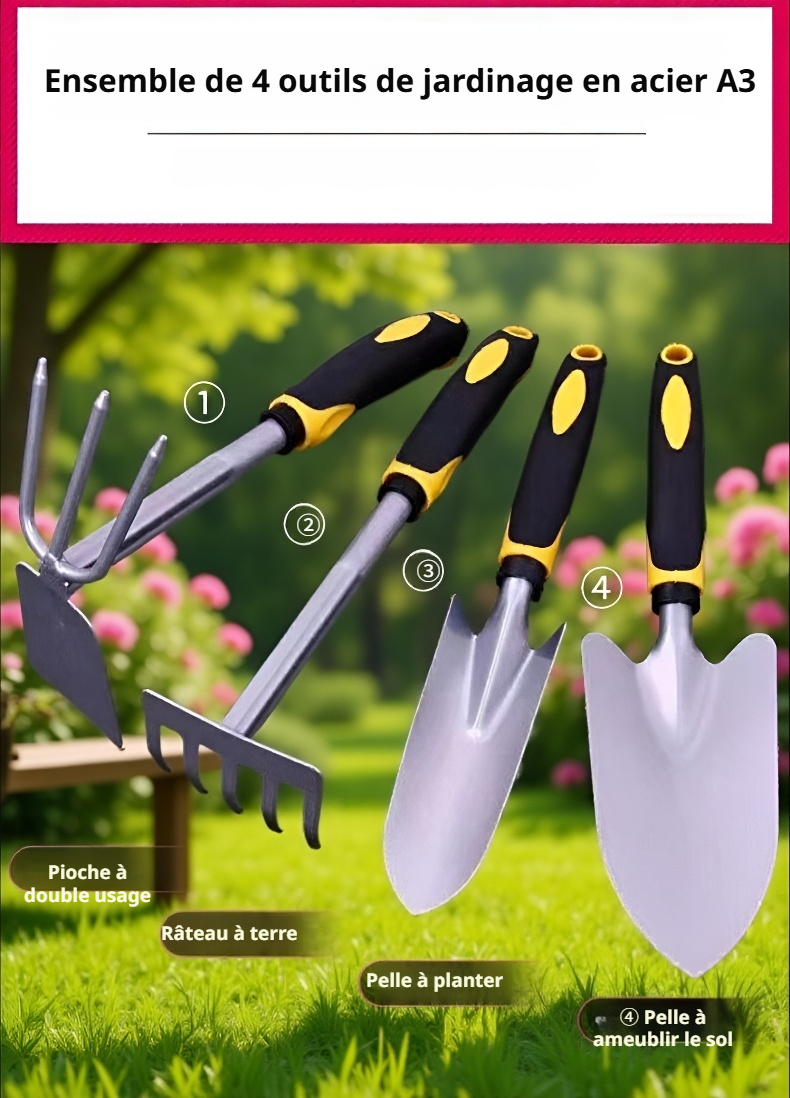 Ensemble de quatre outils de jardinage polyvalents pour plantation d'arbres