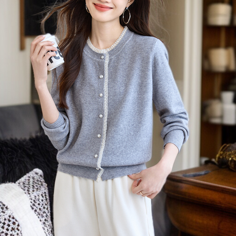 여성 그레이 니트 가디건 아우터 무드 상의 레이스 긴팔 니트