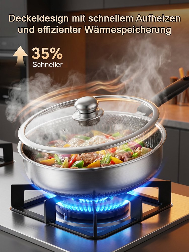 Edelstahlpfanne zum Braten von Eiern und Steaks.