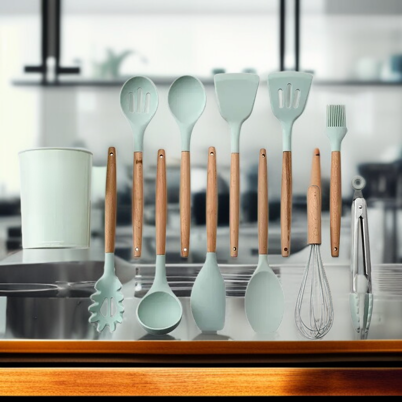 연두색 실리콘 주방용품 세트 논스틱 냄비용 나무손잡이