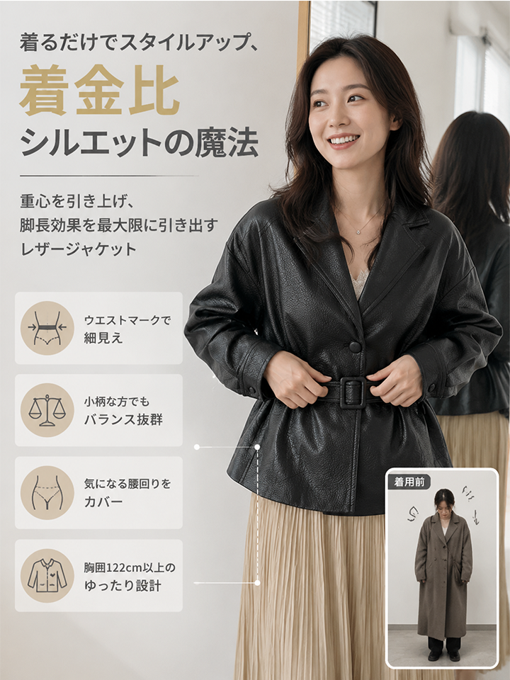  【2026秋新作】Monolly クラシックレザージャケット | 1枚でサマになる・着痩せ・楽ちん