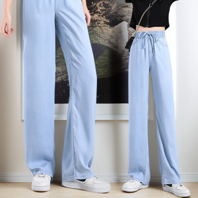작은 키에 날씬해 보이는 밴딩 허리 일자 청바지 하이웨스트 텐셀 청바지 캐주얼 처짐 와이드 팬츠