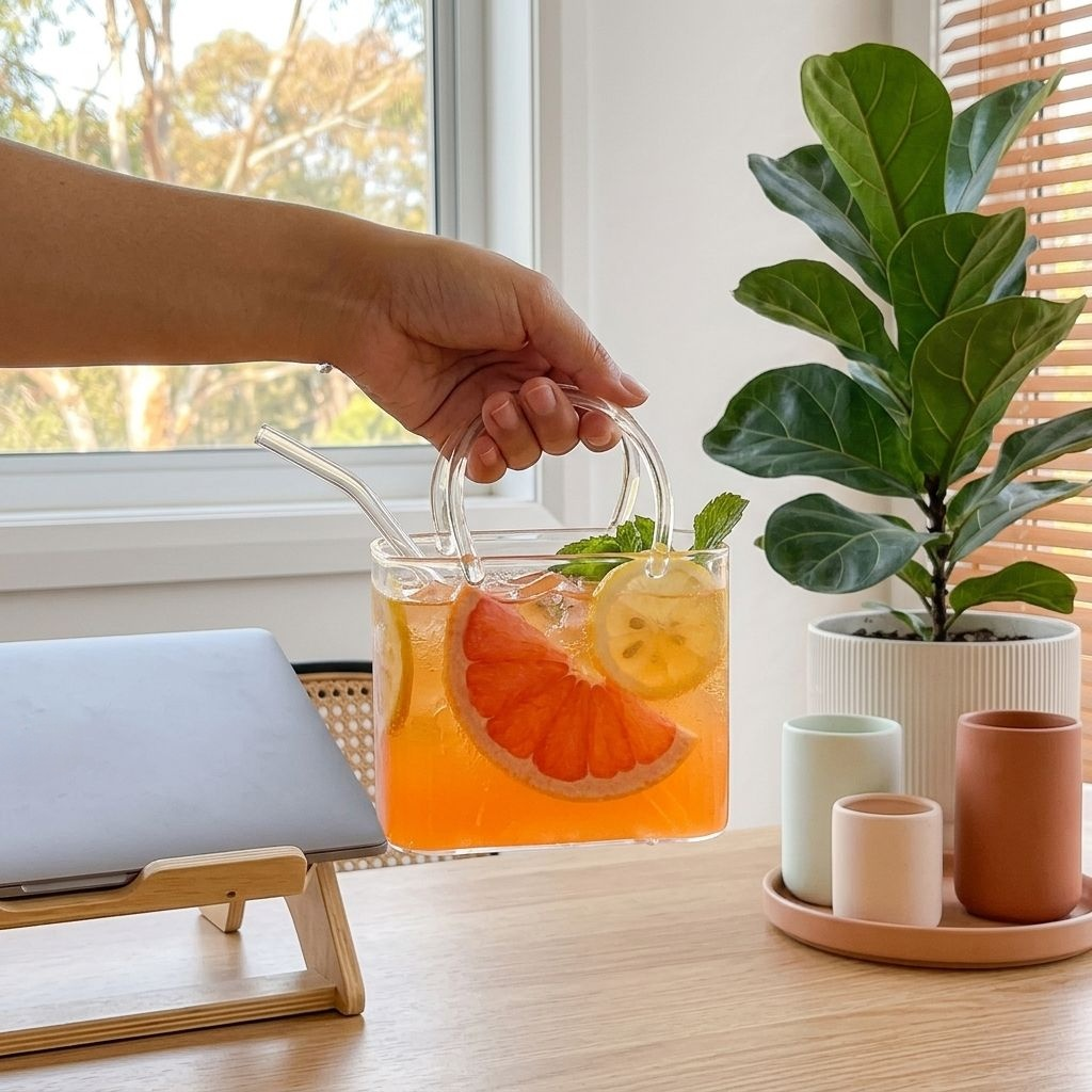 ハンドバッグ型のガラス製飲料カップ