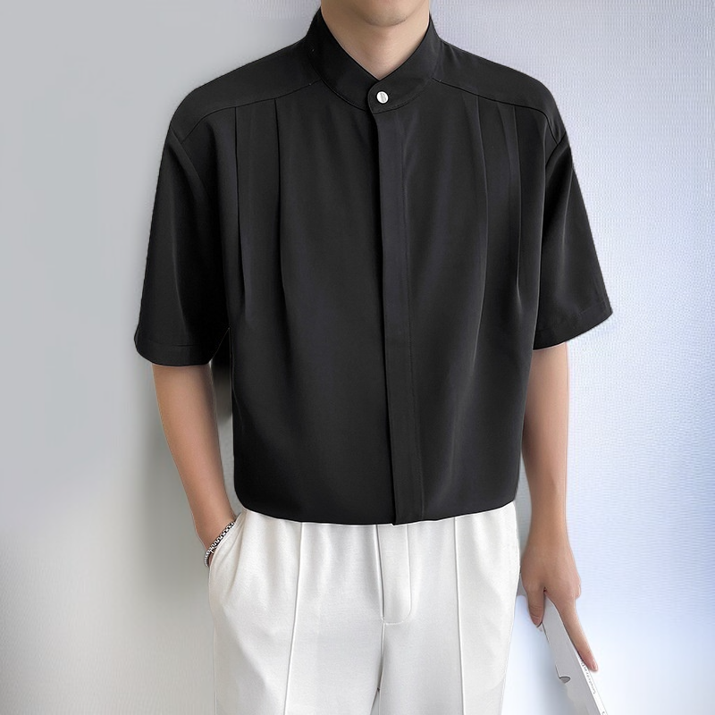 여름 아이스 실크 스탠딩 칼라 미디움 슬리브 남성 셔츠